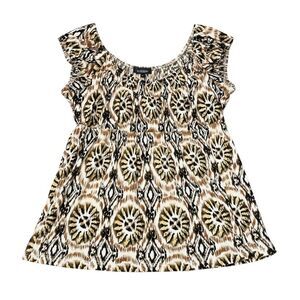 B-Design Y2K Geometric Medallion Top Cap Sleeve Boho Empire Waist Blouse Vintage